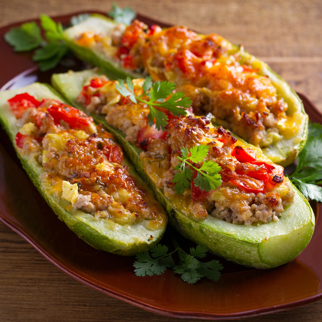 Grilled Pesto Zucchini Stuffed With Tomatoes and Orzo